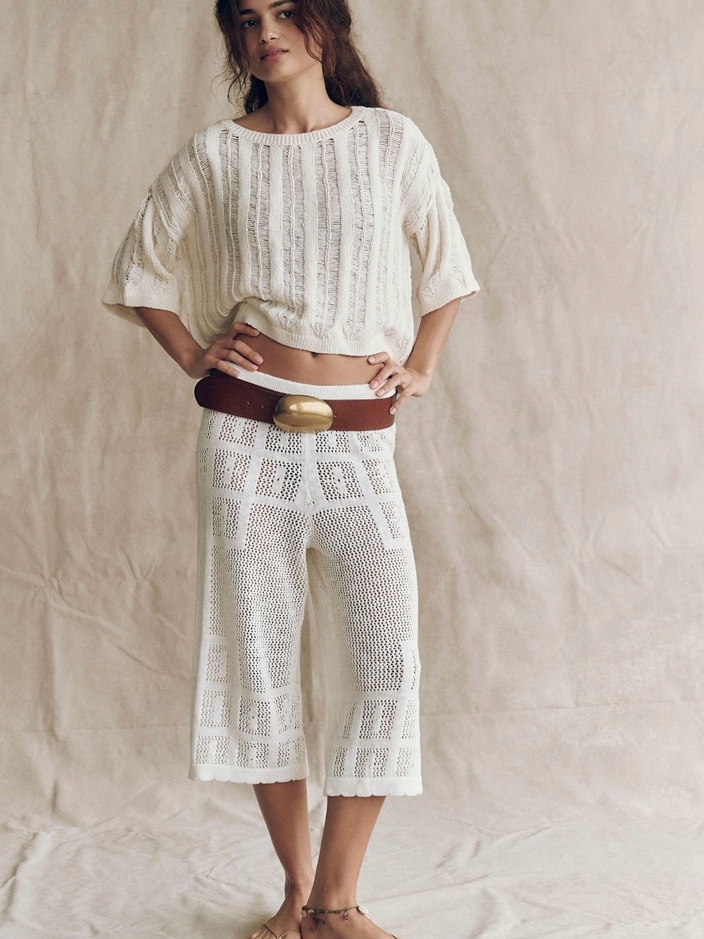 Free People Cream Crochet Wide-Leg Cropped Pants